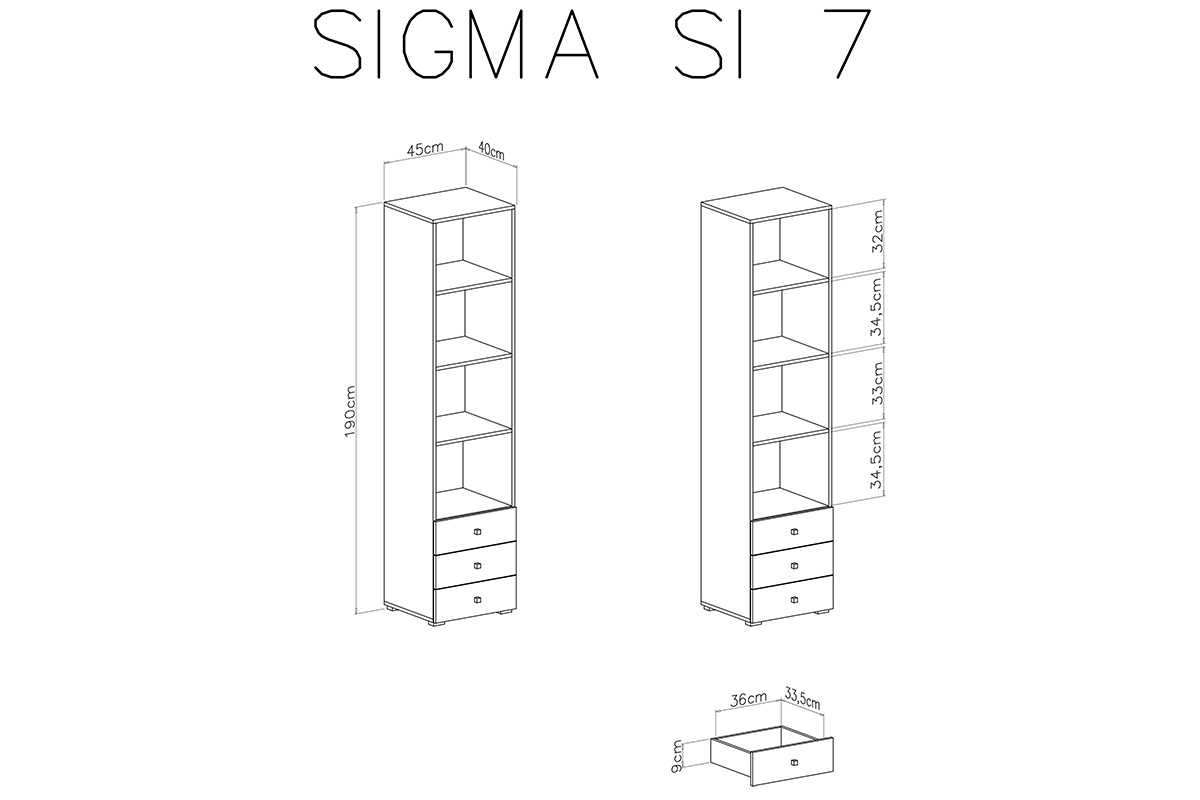 Sigma SI7 polc - lux fehér / beton szürke / tölgyfa barna Regál Sigma SI7 - Bílý Lux + Beton + Dub - schemat