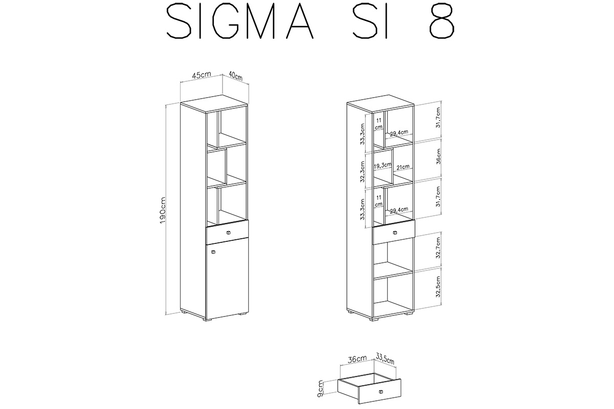 Regál jednodverový z szuflada i wnekami Sigma SI8 L/P do izby mlodziezowego - Biely lux / betón / Dub Regál Sigma SI8 L/P - Biely lux / betón / Dub - schemat