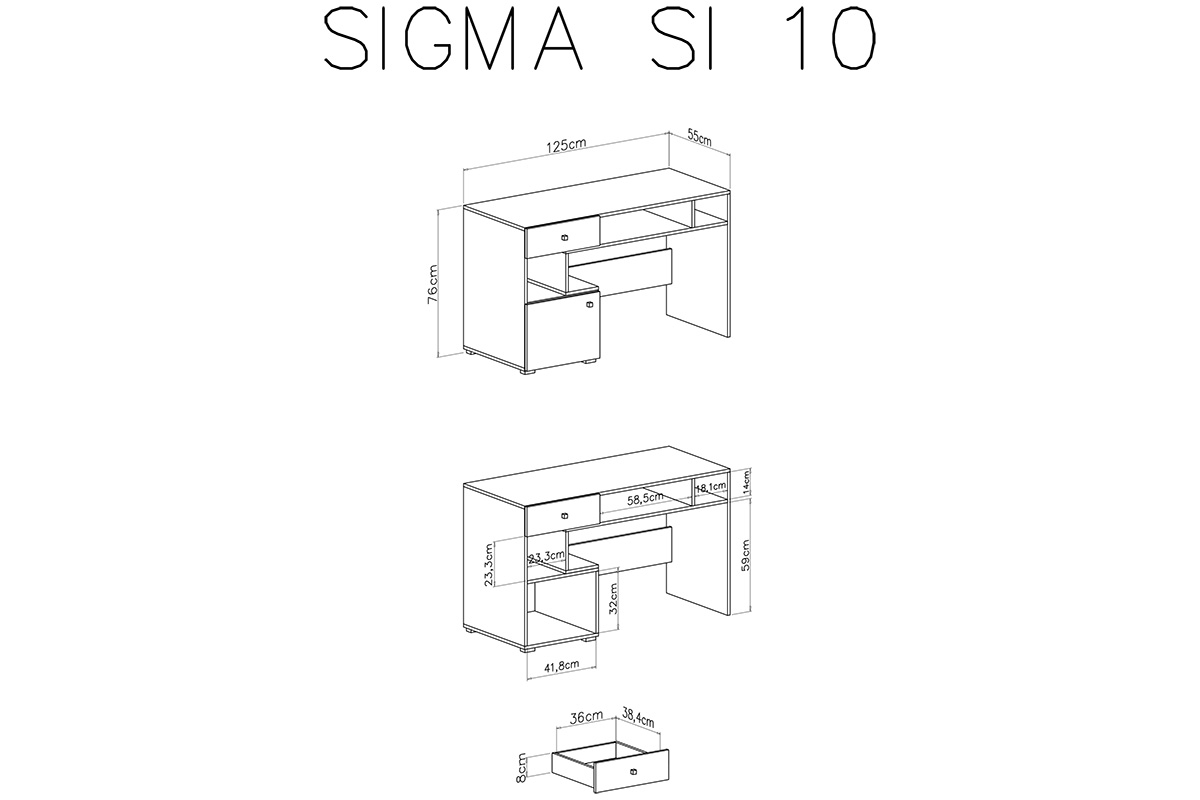 Sigma SI10 íróasztal - lux fehér / beton szürke Psací stůl Sigma SI10 - Bílý lux / beton - schemat