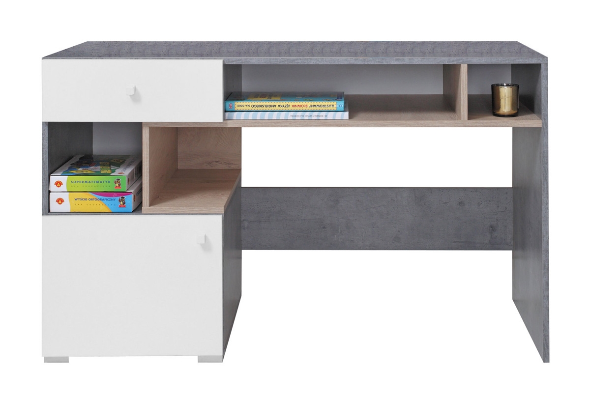 Sigma SI10 íróasztal - lux fehér / beton szürke / tölgyfa barna íroasztal jednodrzwiowe z szuflada i wnekami Sigma SI10 do szoba mlodziezowego - bialy lux / beton / tölgyfa