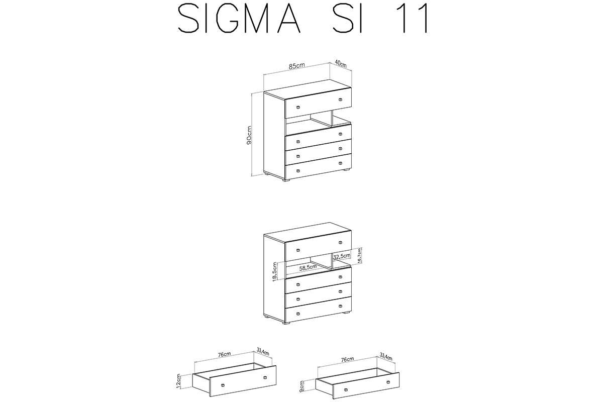 Sigma SI11 komód - lux fehér / beton szürke / tölgyfa barna Komoda Sigma SI11 - Bílý lux / beton / Dub - schemat