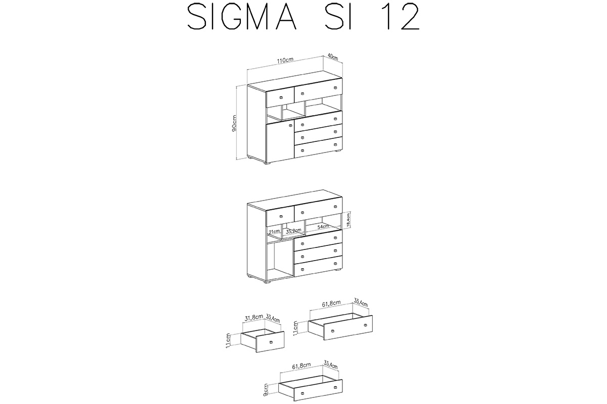 Sigma SI12 komód - lux fehér / beton szürke / tölgyfa barna Komoda Sigma SI12 - Bílý lux / beton / Dub - schemat