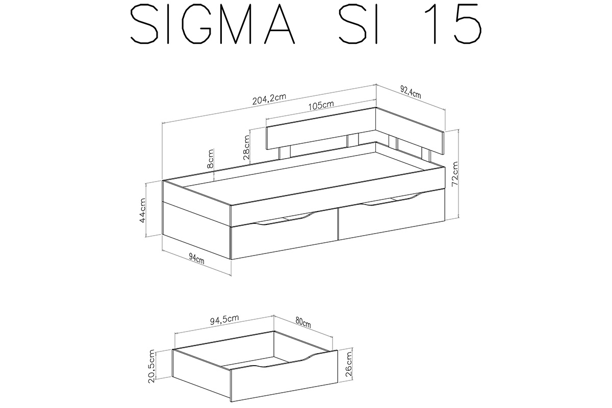 Dětská postel Sigma SI15 L/P - Bílý lux / beton / Dub Dětská postel Sigma SI15 L/P - Bílý lux / beton / Dub - schemat