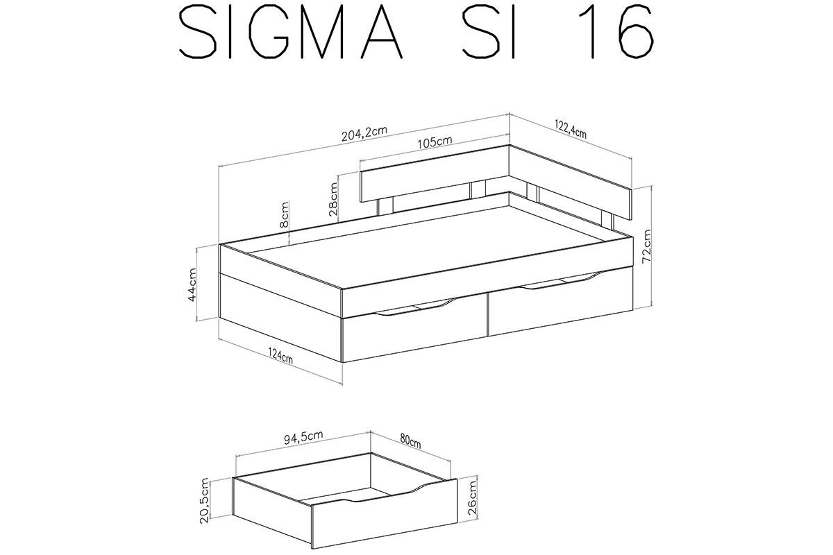 Detská posteľ Sigma SI16 L/P - Biely lux / betón Detská posteľ Sigma SI16 L/P - Biely lux / betón - schemat