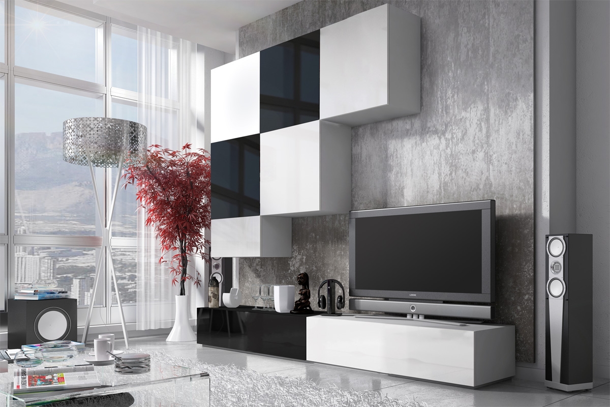 Skříňka závěsná Combo 5 - Bílý/MDF Bílý lesk - Konec série Obývací stěna do apartamentu 