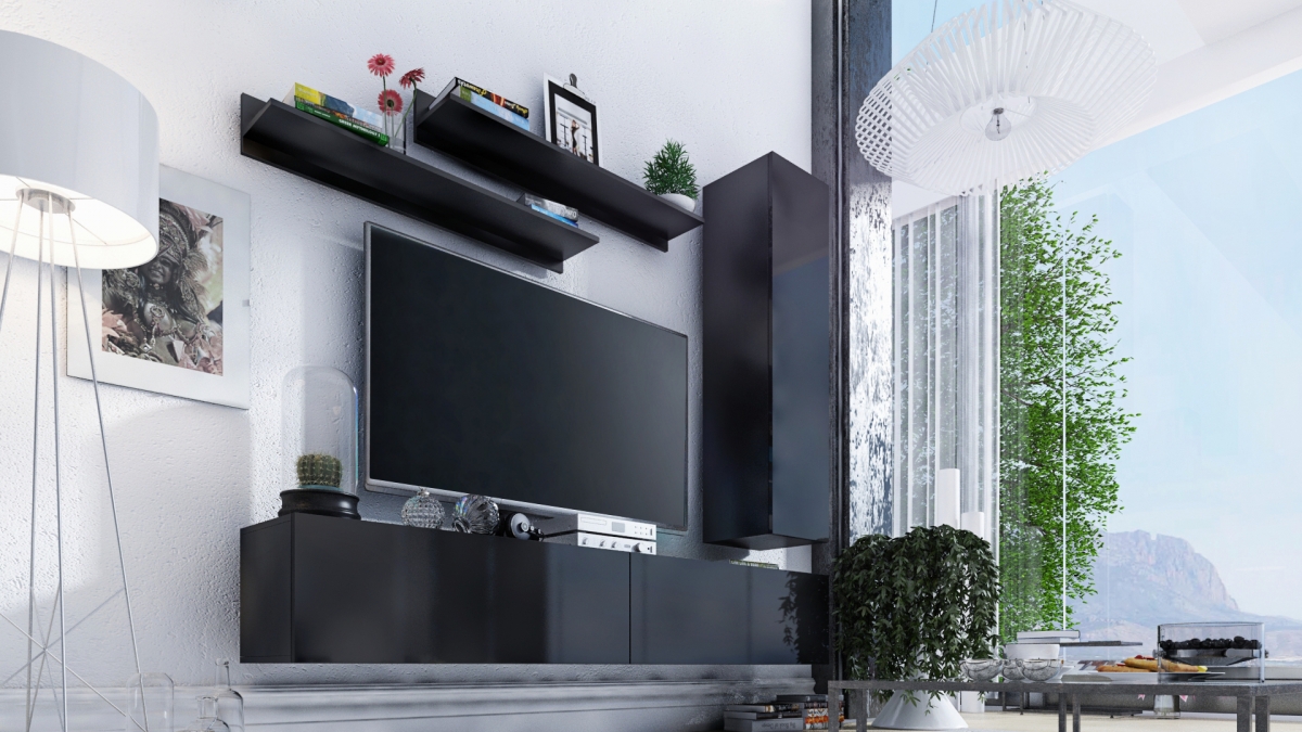 Skříňka závěsná Combo 5 - grafit/MDF Černý lesk - Konec série Komplet nábytku obývacího