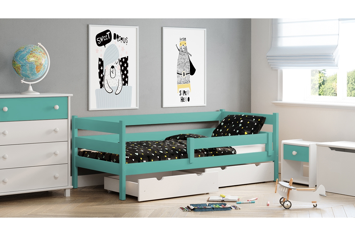Dětská dřevěná postel Ola II mátová postel se zásuvkami