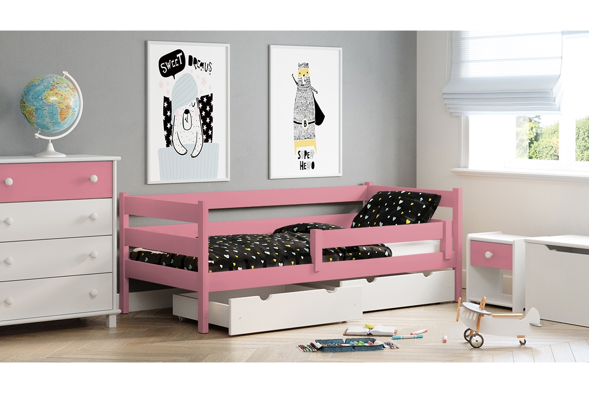 Dětská dřevěná postel Ola II růžová postel se zásuvkami