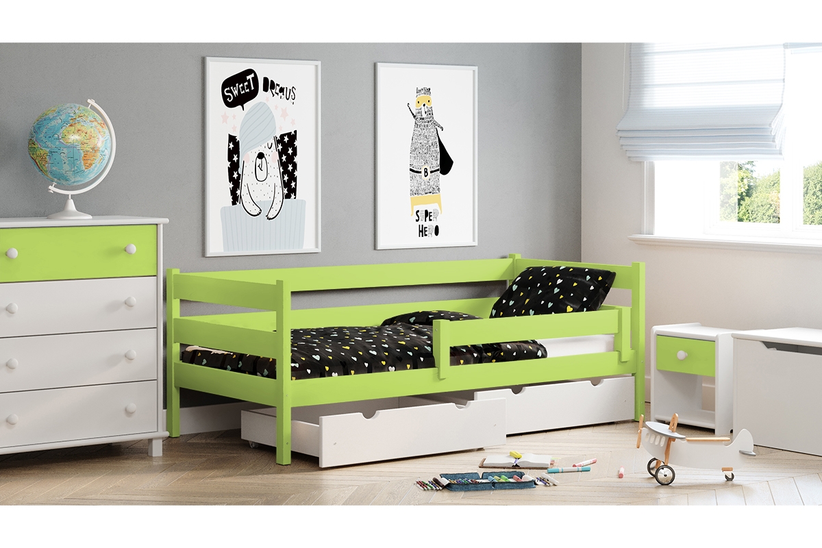 Dětská dřevěná postel Ola II Zelená postel se zábranou