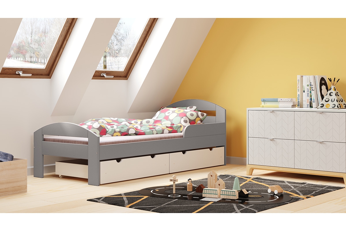 Dětská dřevěná postel Wiki szare postel z bílými zásuvkami 