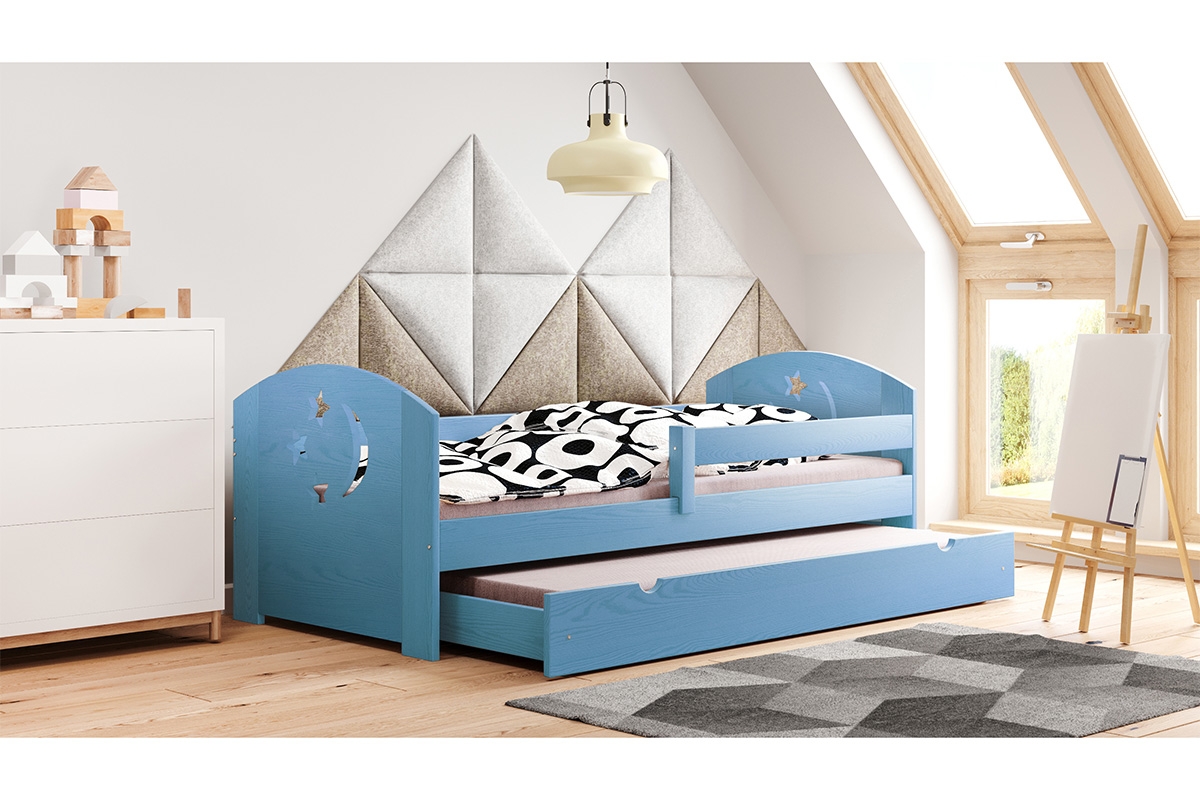 Dětská dřevěná postel výsuvná Stars - Moon DP 021 Certifikát Modré postel z dodatkowym miejscem