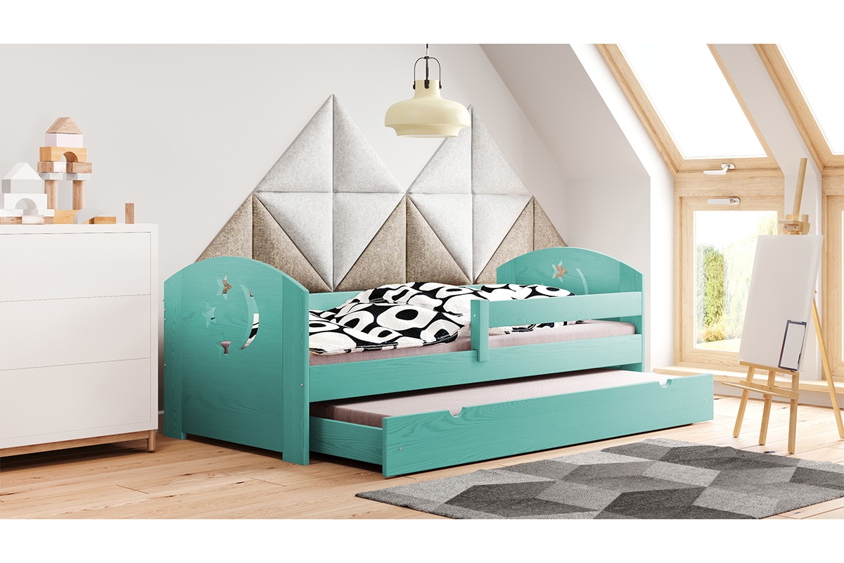 Dětská dřevěná postel výsuvná Stars - Moon DP 021 Certifikát mietowe postel s matrací w szufladzie