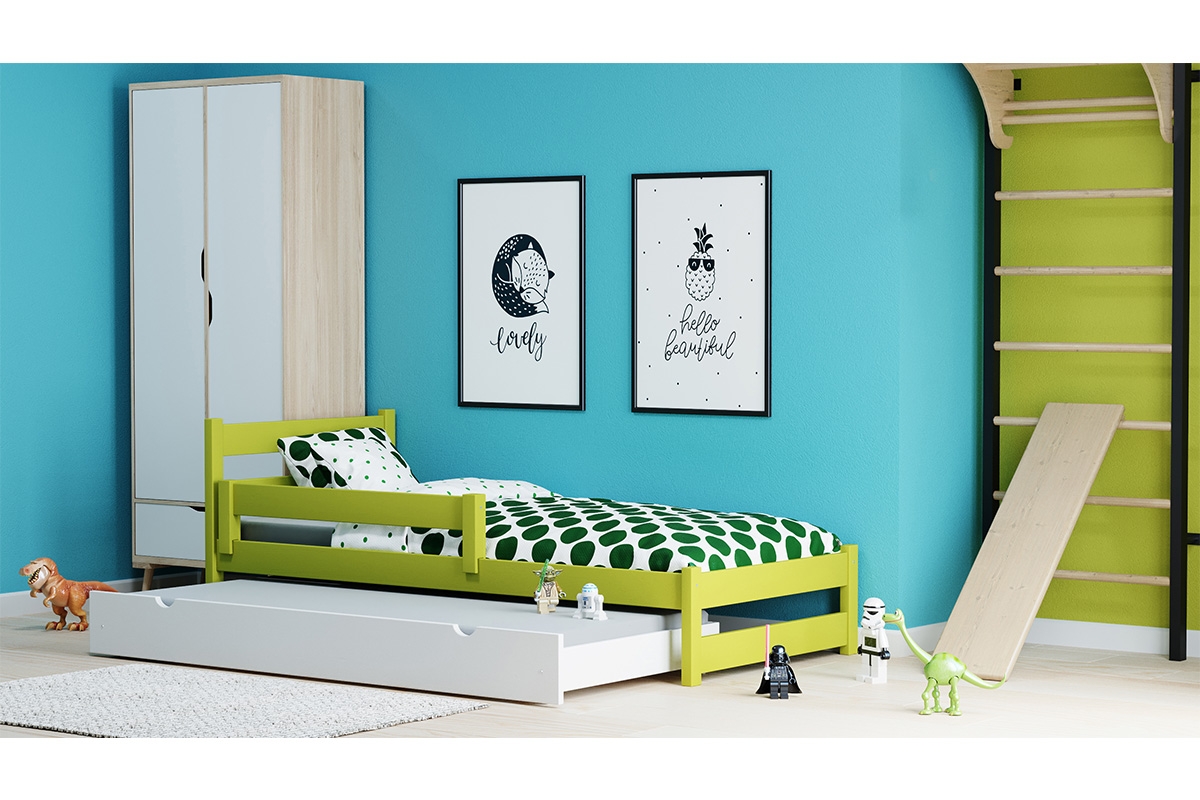 Posteľ dzieciece prízemná výsuvna Ola  zelená detská posteľ