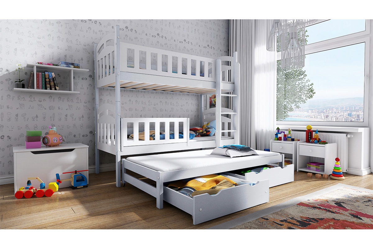 Postel patrová výsuvná do 3 osoby Nati białe łóżko piętrowe drewniane
