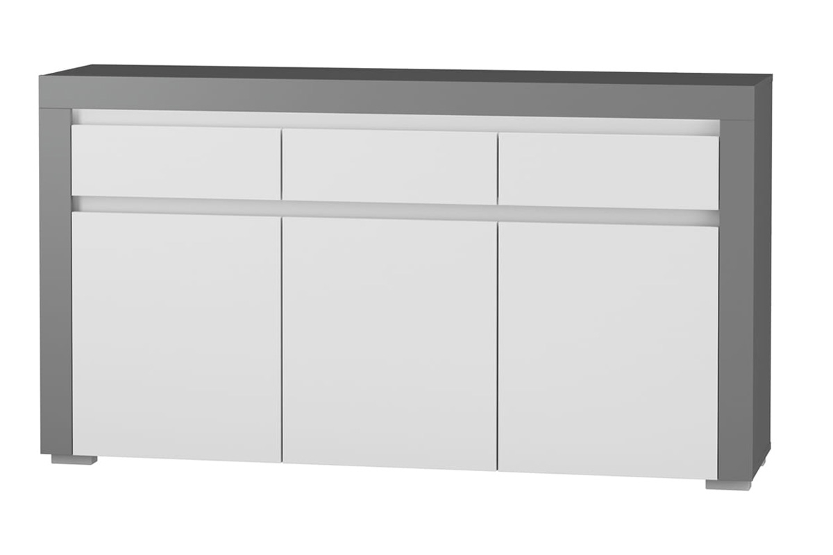 Komoda třídveřová se zásuvkami Alabama ABK-1 Bílý mat / šedý mat Elegantní komoda bílá, třídveřová se zásuvkami