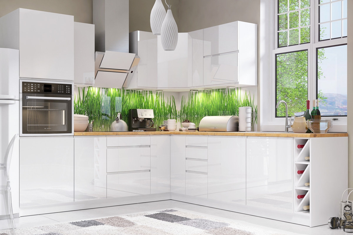 Kuchyně Aspen Bílý lesk - 250cm x 270cm - Komplet nábytku kuchyňského Komplet nábytku MDF lak lesk