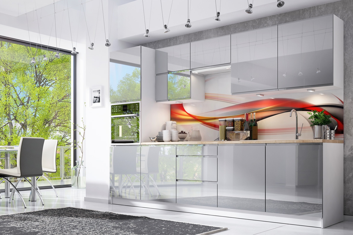 Kuchyňská linka Aspen 300cm - šedý lesk Kuchyně Aspen Šedý lesk - 300cm - Komplet nábytku kuchyňského