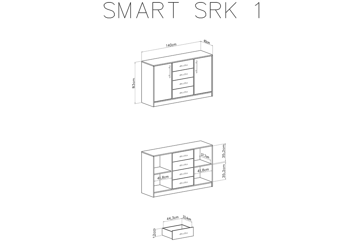 Comodă mare cu sertare SRK1 Smart comodă mare Smart SRK1 cu două uși și patru sertare - Alb lux / Stejar sonoma - schemă