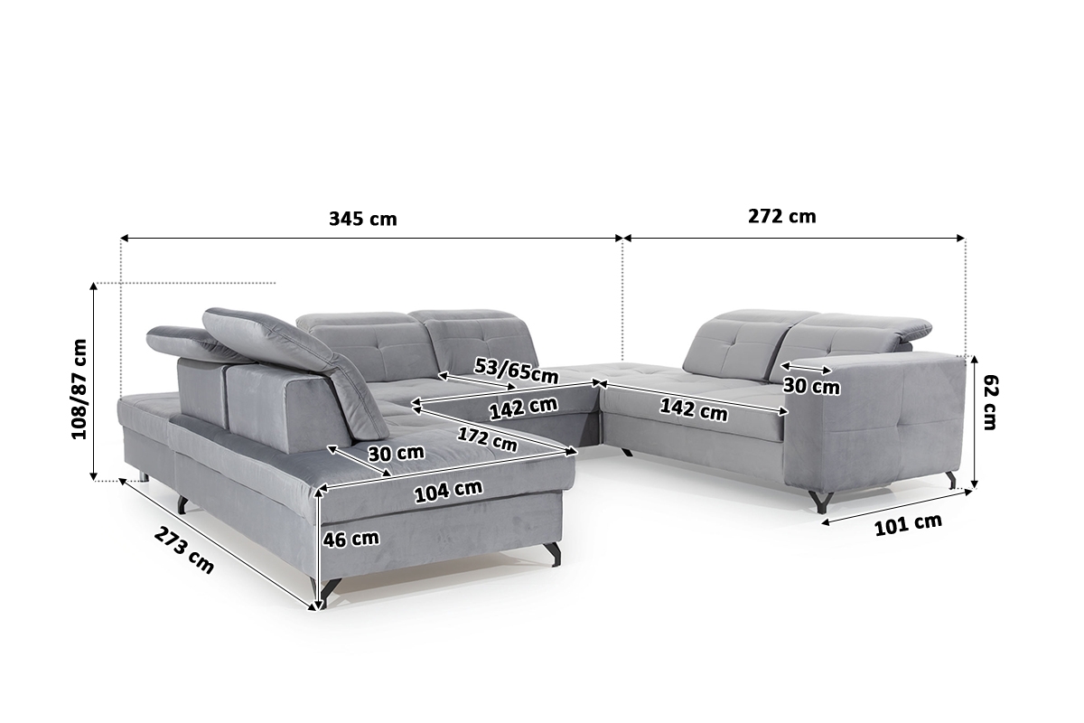 Canapea de colț Belavio U IV Canapea de colț cu funcție de dormit Belavio U IV  - dimensiuni