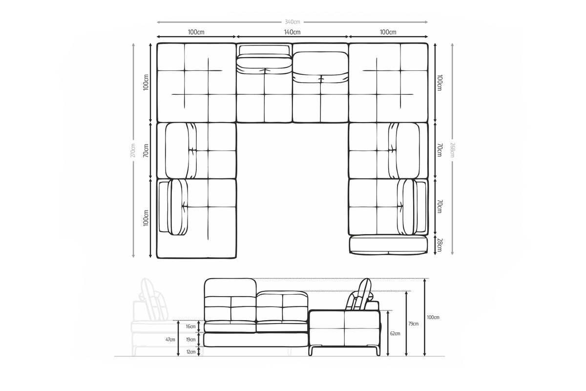 Canapea de colț cu funcție de dormit Belavio U IV Audio Set canapea coltar cu functie de dormit Belavio U IV  Audio  - dimensiuni