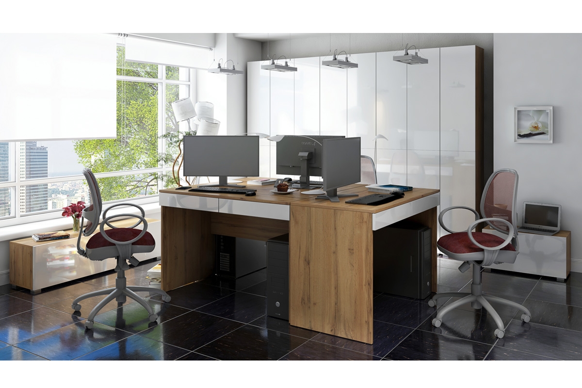 Volně stojící psací stůl Combo 14 - Dub wotan/MDF Bílý lesk - Konec série Psací stůl do kanceláře wotan