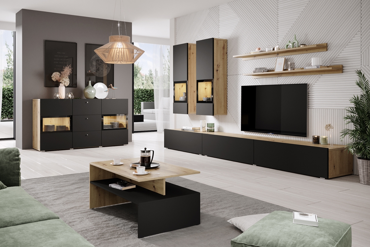 Komplet nábytku do obývacího pokoje Baros - dub artisan / černý mat Komplet černého nábytku