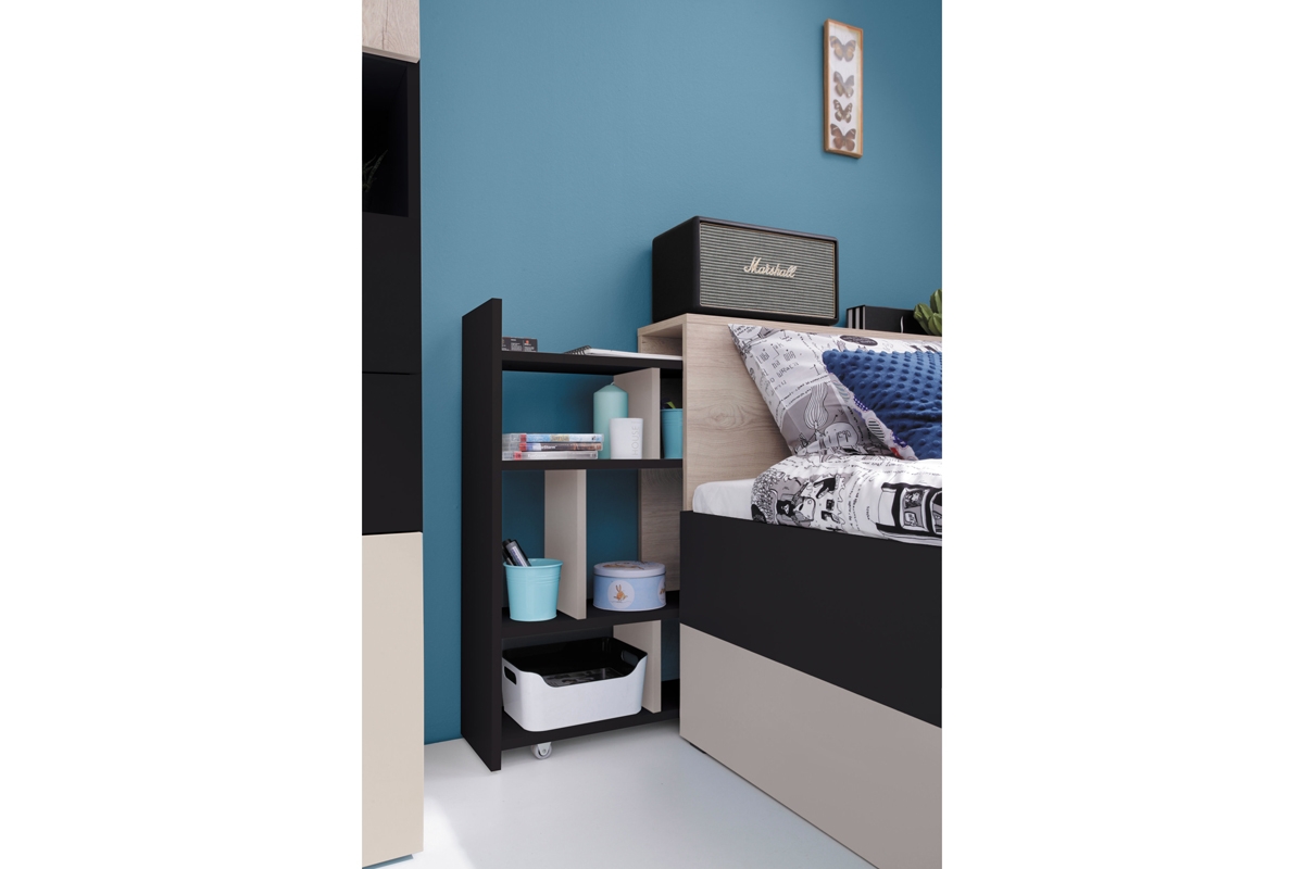 Mládežnická postel s výsuvným panelem PL14 Planet - Černý / Dub / Béžová  postel s výsuvnými policemi