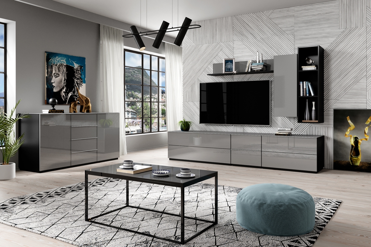 TV stolek Helio 39 výklopný modulární - černá / šedé sklo Komplet moderního nábytku 