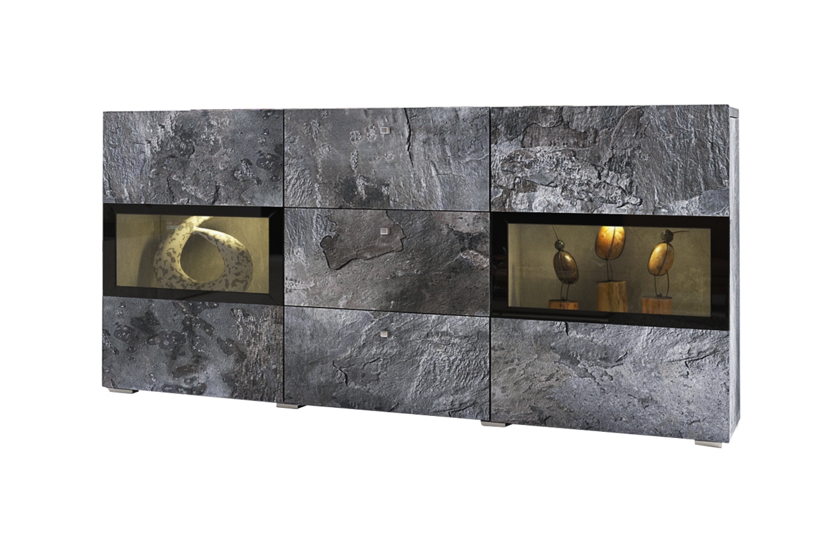 Obývací stěna Baros s komodou - tmavý beton / schiefer Komoda prosklená