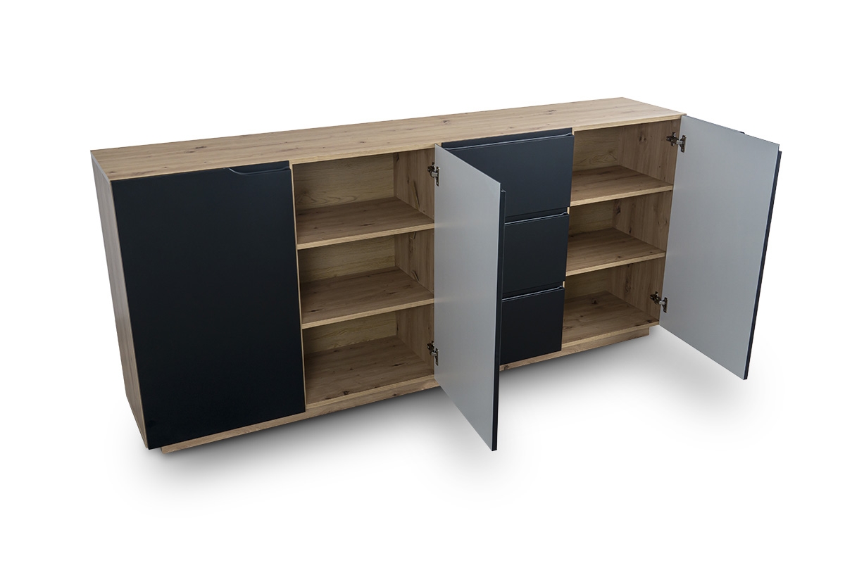 Komplet nábytku do obývacího pokoje Loftia 3 - artisan/Černý mat  Komoda třídveřová s 3 zásuvkami
