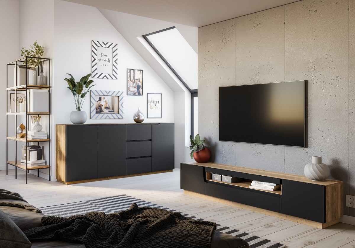 Komplet nábytku do obývacího pokoje Loftia 3 - artisan/Černý mat  meble z czarnym frontem