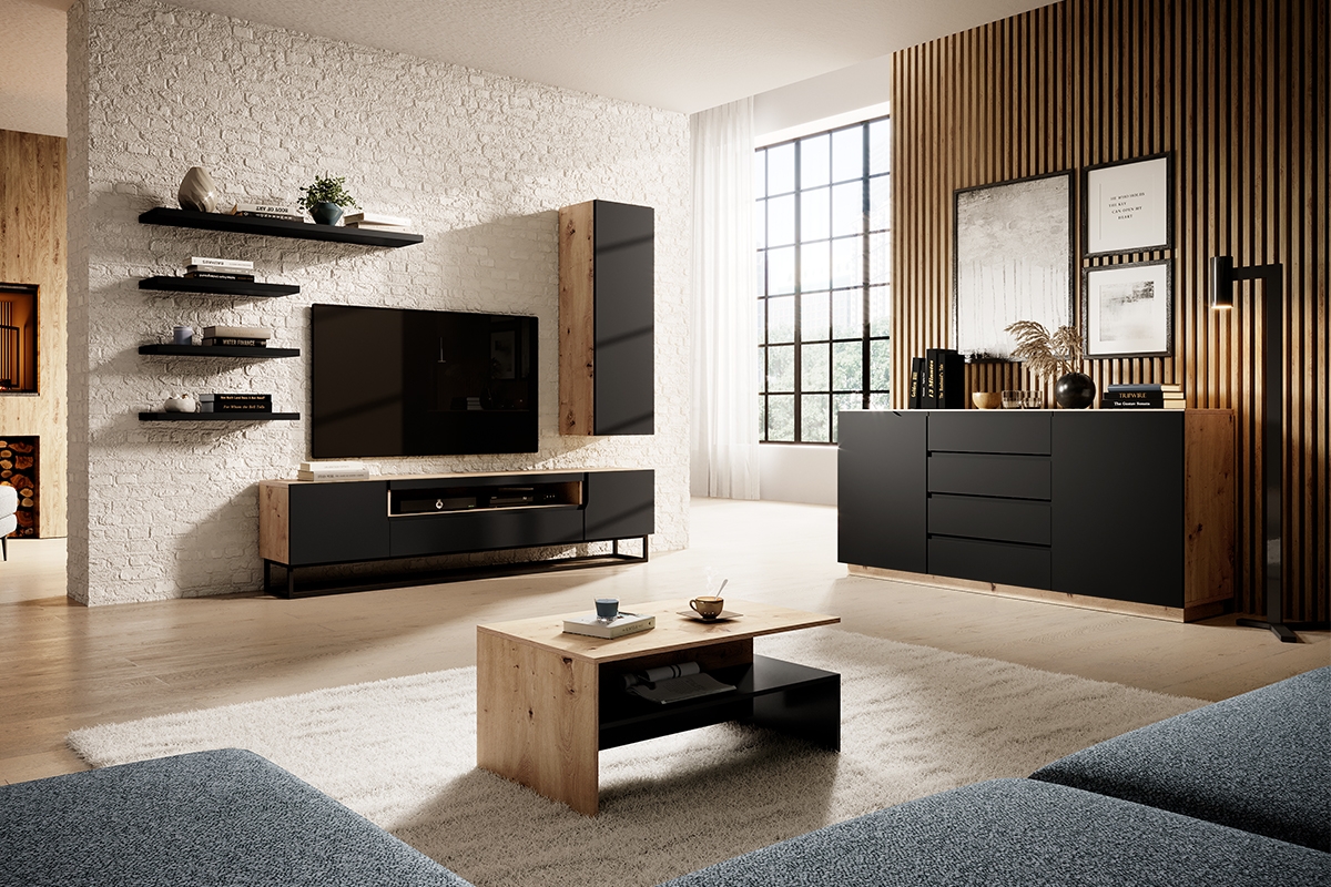TV skrinka Loftia s kovovým podstavcom 200 cm - Dub artisan/čierny mat TV skrinka do obývačky