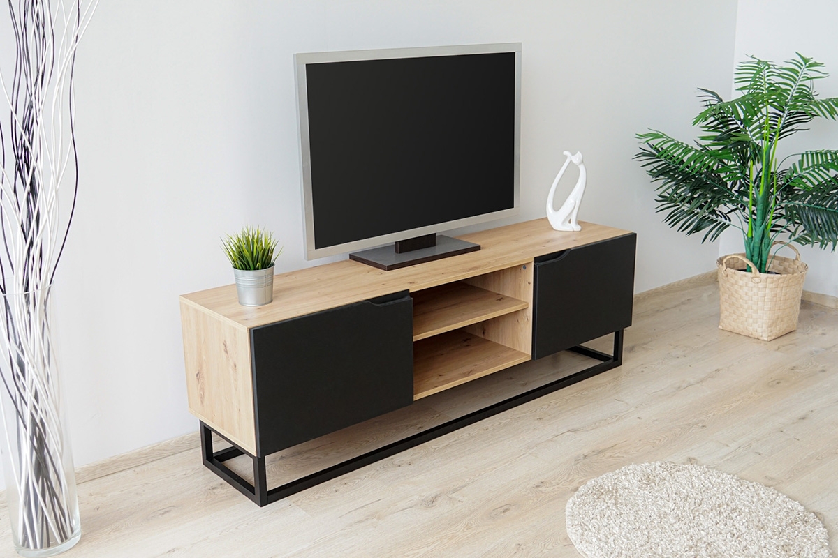 TV stolek Loftia Mini na kovovém podstavci - dub artisan / černý mat Skříňka tv na kovovém podstavci Doze Mini