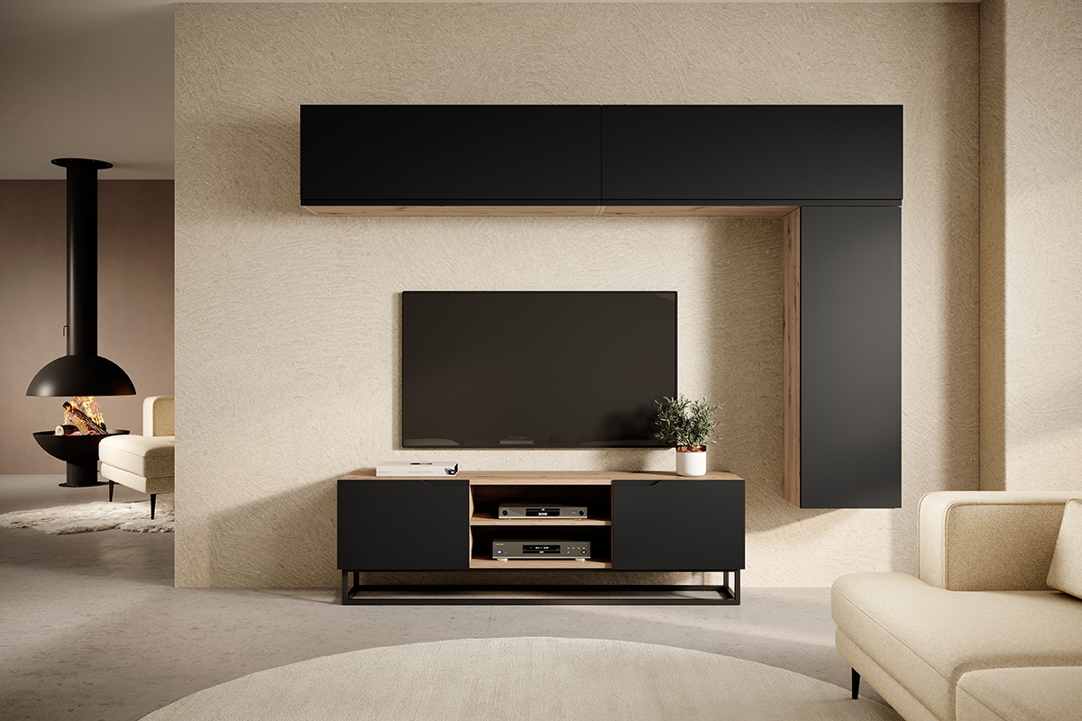 TV stolík Loftia Mini 160 cm na kovovom podstavci - dub artisan / čierny mat TV skrinka s výklenkom