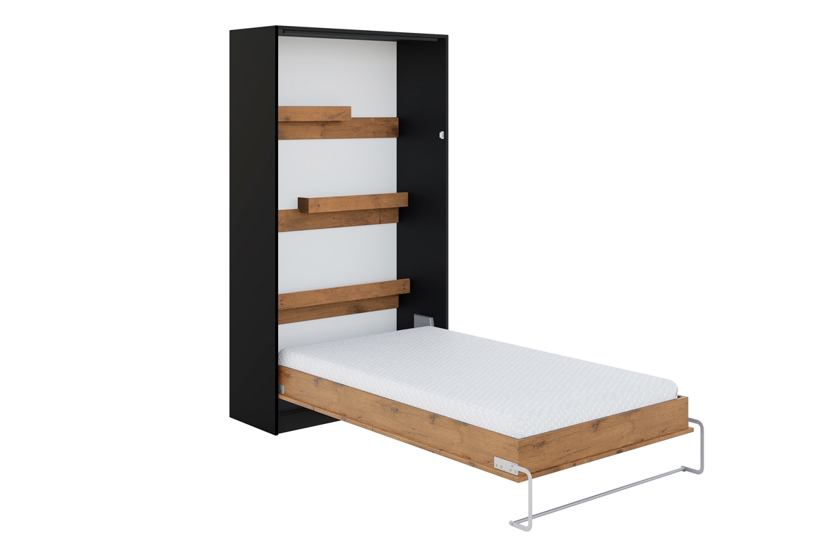 Vertikální sklápěcí postel Basic 120x200 - Černý / Dub lancelot Sklápěcí postel z policemi