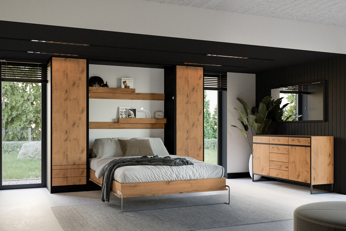 New Elegance függőleges összecsukható ágy 140x200 - fekete/Lancelot-tölgy sklápěcí postel do ložnice loft 