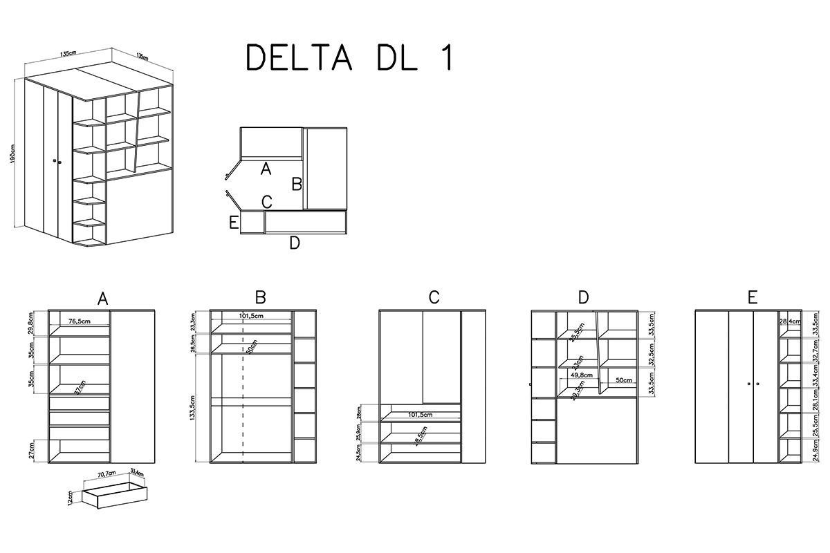  Dulap de colț Delta DL1 L/P - Stejar / Antracit Skříň rohová Delta DL1 L/P - Dub / antracit - schemat