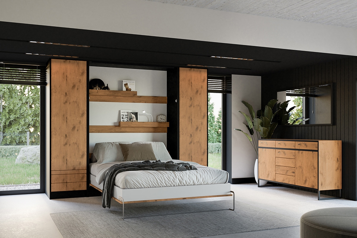Modern összecsukható függőleges ágy 160x200 - loft fekete / lancelot tölgyfa- skápěcí postel s osvětlením 