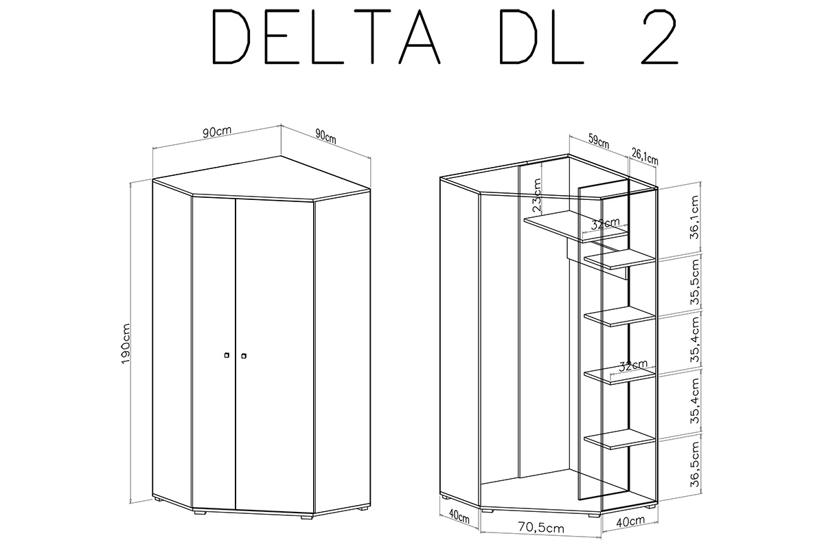 Delta DL2 sarokszekrény B/J - Tölgy / Antracit Skříň rohová Delta DL2 L/P - Dub / Antracytová - schemat