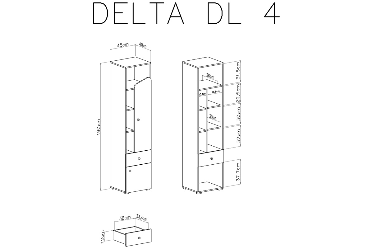 Delta DL4 gyerekszoba szekrény két ajtóval és fiókkal - Tölgy / Antracit Regál Pro mladé dvoudveřový se zásuvkou Delta DL4 - Dub / Antracytová - schemat