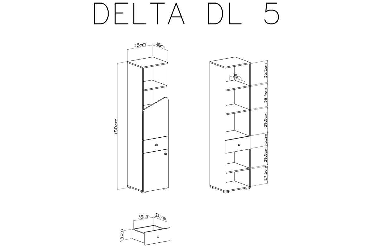 Dvojdverový regál so zásuvkou Delta DL5 - dub / antracitová - Meblar Regál Pre mladých dvojdverový so zásuvkou Delta DL5 - schemat