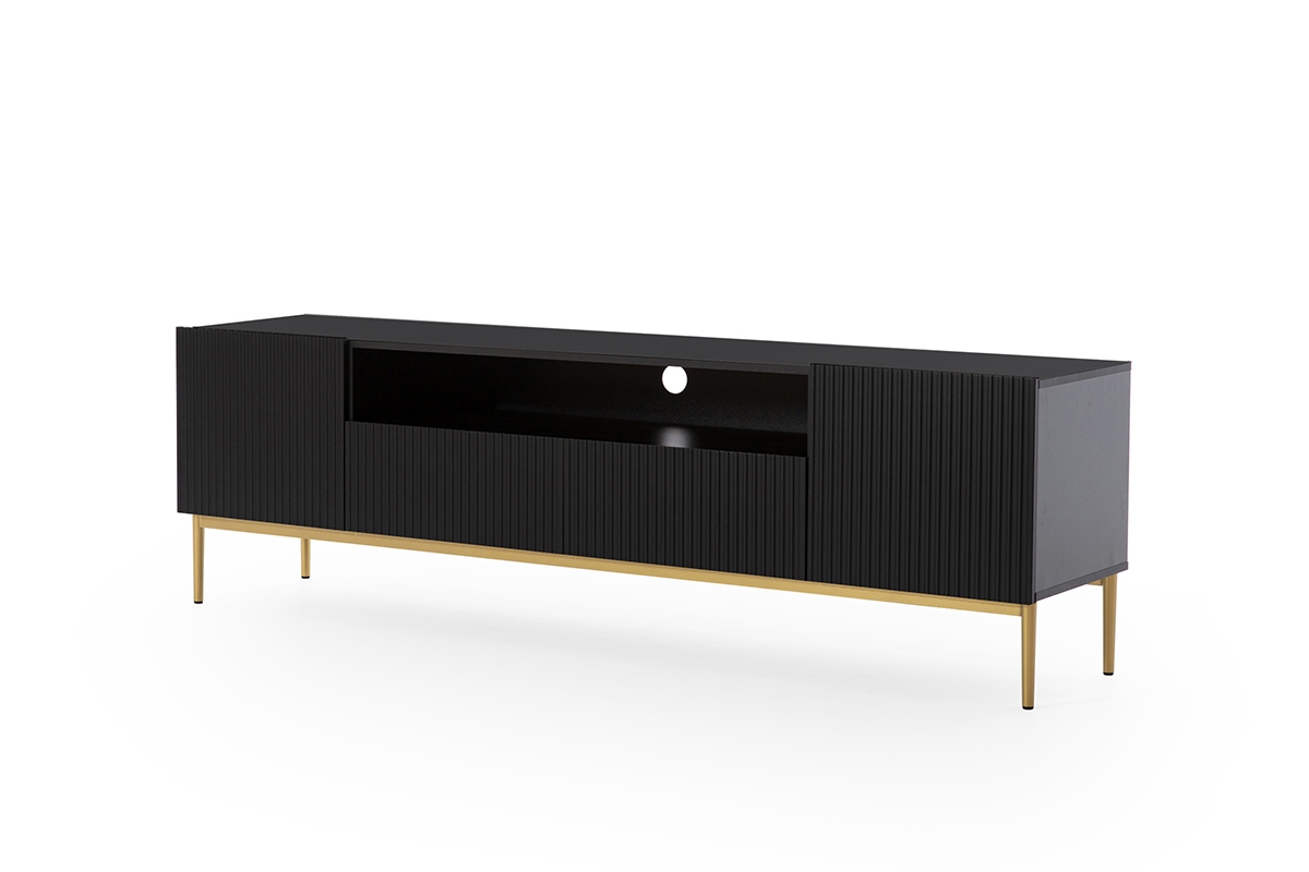 TV stolek Nicole 200 cm s výklenkem - černý mat / zlaté nožky Skříňka tv na kovové podstavě