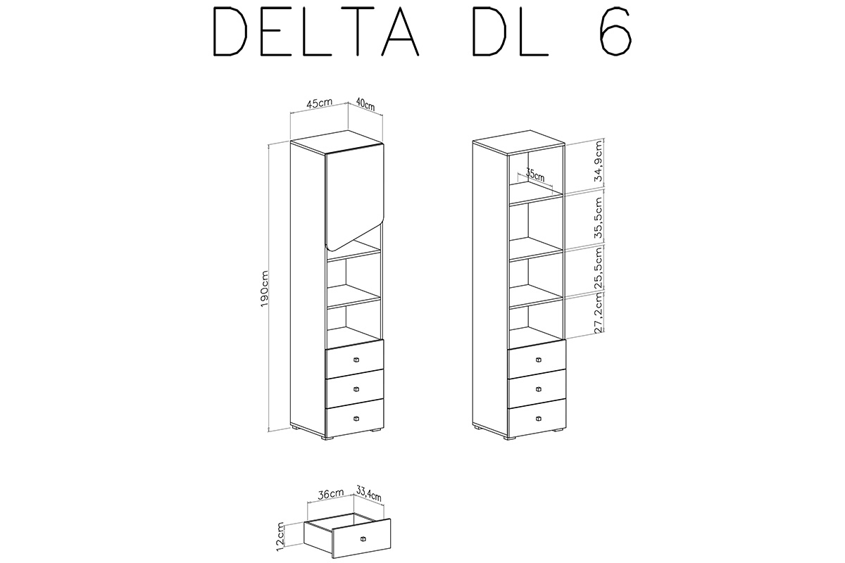 Regál Pro mladé jednodveřový s třemi zásuvkami Delta DL6 - Dub / Antracitová Regál Pro mladé jednodveřový se třemi  zásuvkami Delta DL6 - Dub / antracit - schamat