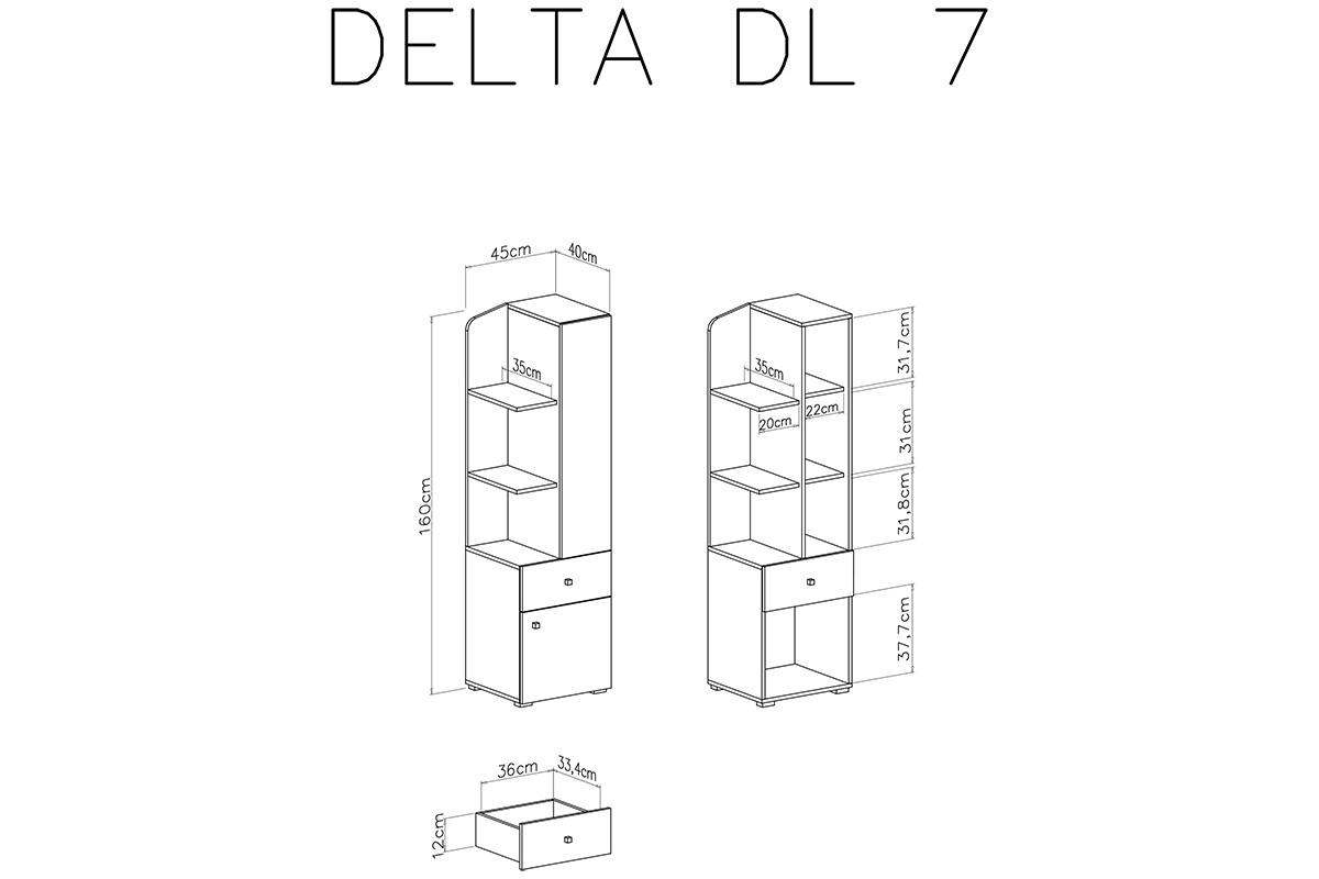 Dvojdverový regál so zásuvkou a poličkami Delta DL7 - dub / antracitová - Meblar Regál Pre mladých dvojdverový so zásuvkou i policami Delta DL7 - Dub / Antracytová - schemat