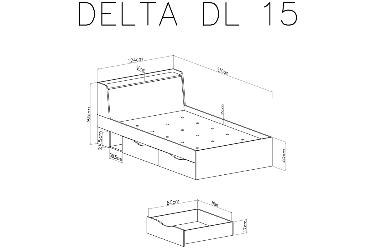 Mládežnícka posteľ 120 x 200 Delta DL14 L/P - dub / antracit - Meblar Rozmery nábytku