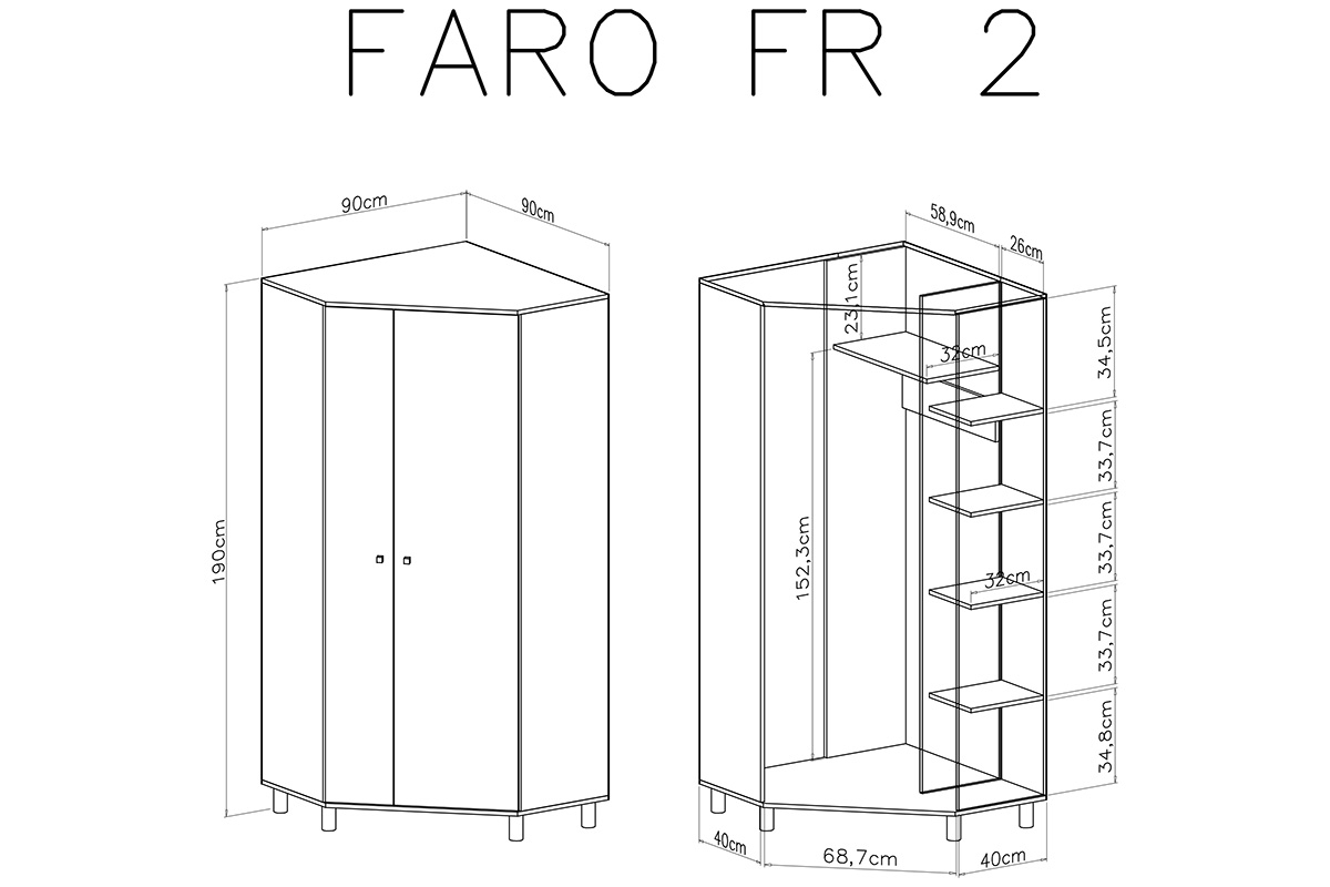 Dulap de colț Faro FR2, 90 cm pentru tineri - Alb lux / stejar artizanal / gri Skříň mlodziezowa rohová Faro FR2 - Alb lux / stejar artizanal / šedý - Rozměry