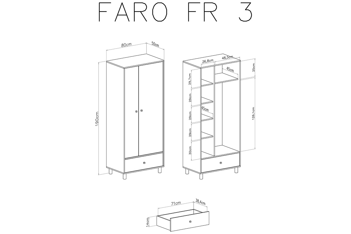 Skříň mládežnická dvoudveřová se zásuvkou Faro FR3 - Bílý lux / Dub artisan / šedý Skříň mlodziezowa dvoudveřová se zásuvkou Faro FR3 - Bílý lux / Dub artisan / šedý - Rozměry
