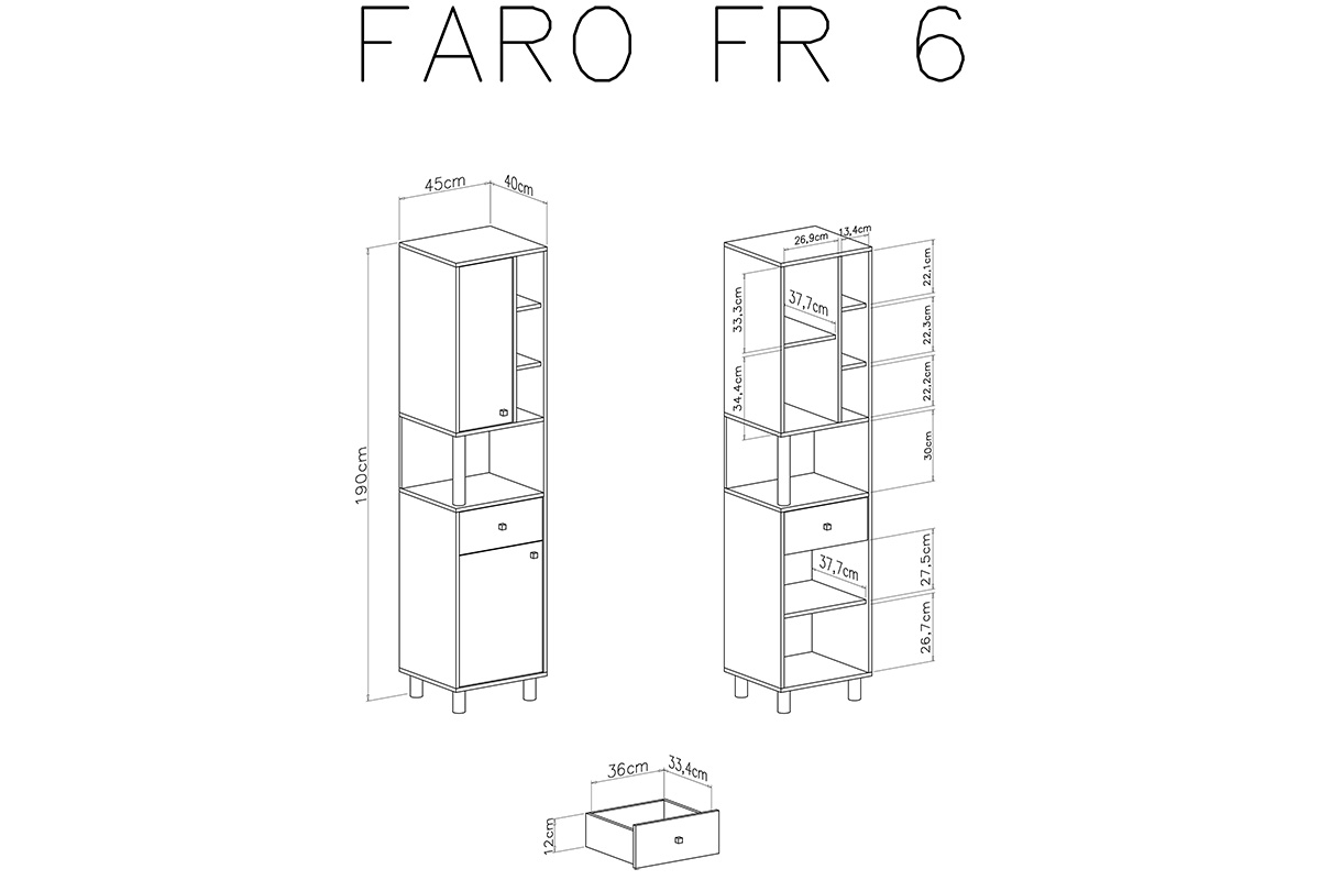Faro FR6 polc két ajtóval és fiókkal - lux fehér / artisan tölgy / szürke Regál Pro mladé dvoudveřový z policemi a zásuvkou Faro FR6 - Bílý lux / Dub artisan / szürke - schemat