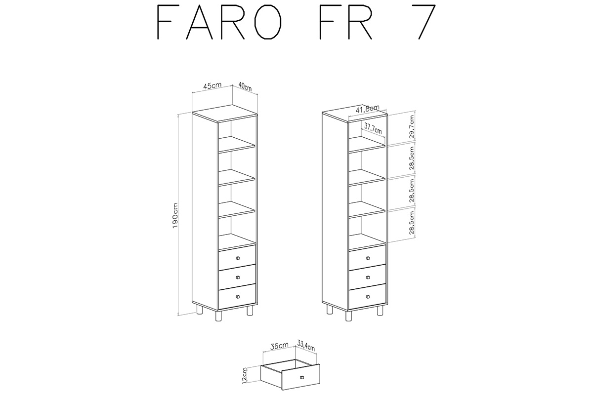 Faro FR7 polc három fiókkal - lux fehér / artisan tölgy / szürke Regál Pro mladé se třemi  zásuvkami Faro FR7 - Bílý lux / Dub artisan / szürke - schemat