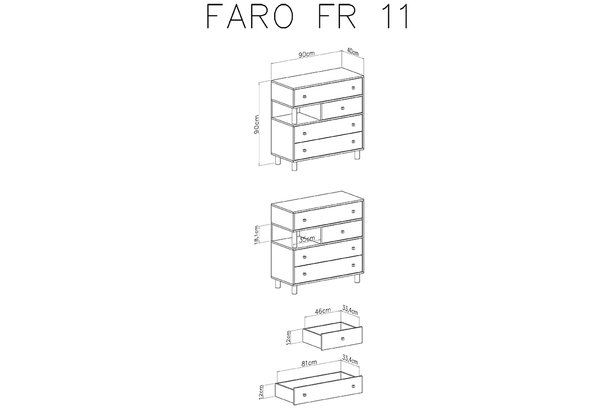 Comodă Faro FR11, 90 cm dulap pentru tineret cu patru sertare și o nișă  - Alb lux / stejar artizanal / gri Comoda mlodziezowa se čtyřmi zásuvkami a výklenku Faro FR11 - Alb lux / stejar artizanal / šedý - schemat